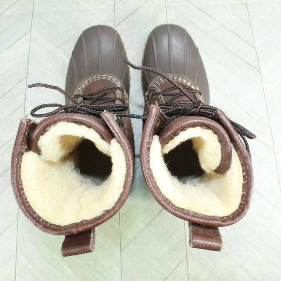 LL Bean Brown Leather Lace Up Shearling Lined Mid Calf Duck Boots Size 7 M - Picture 6 of 9